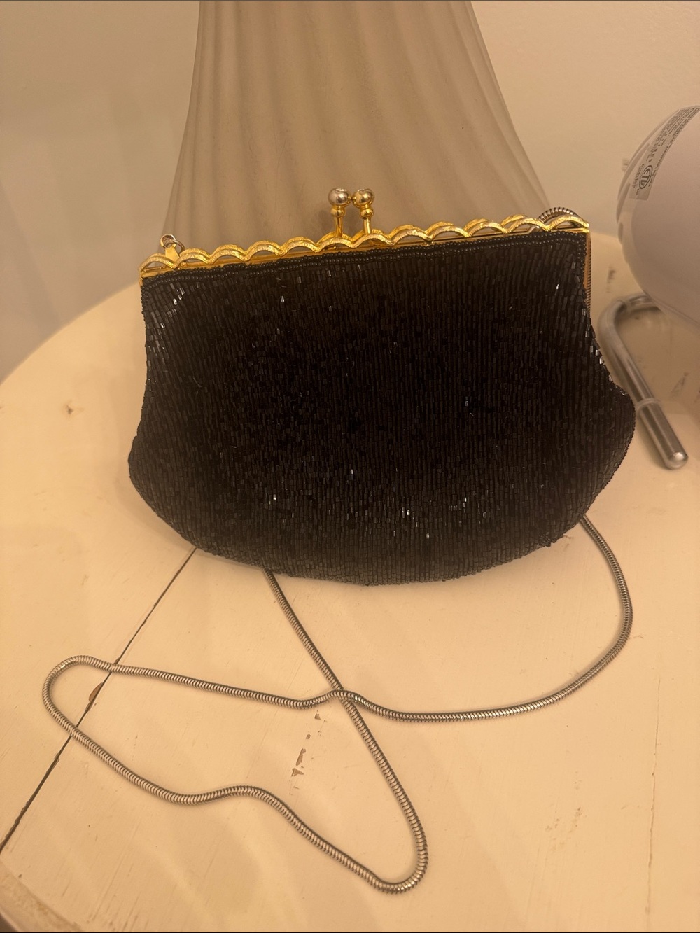 Magid Black Beaded Clutch with Gold Frame